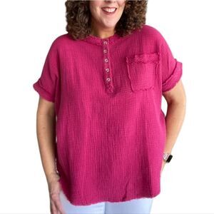 LA MIEL Pink Gauze Henley The Molly Top Size Medium